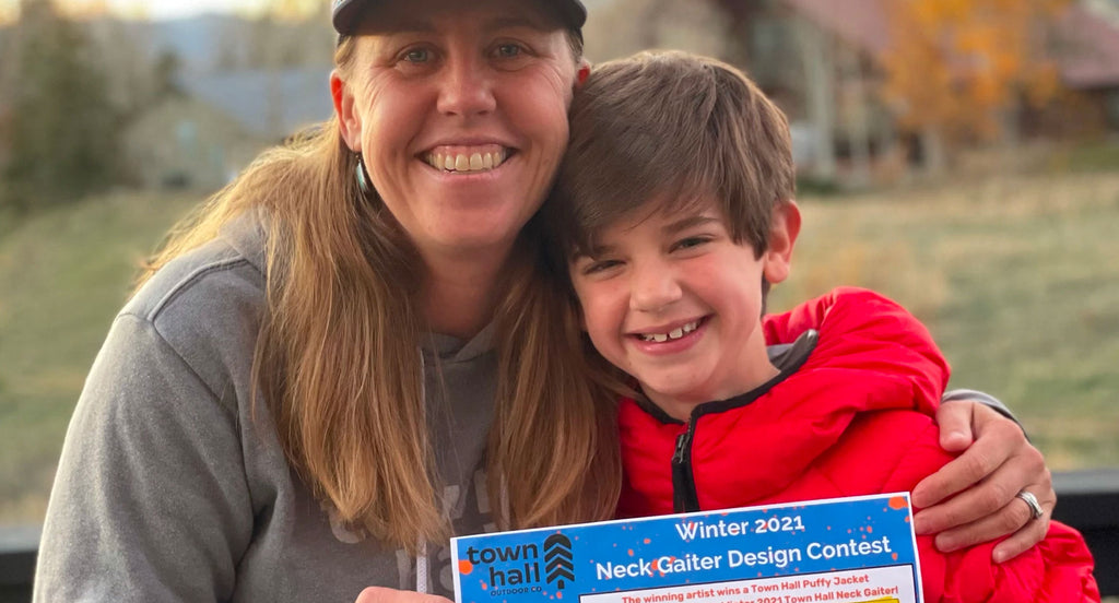 Town Hall CEO and Co-Founder Robin Hall with 2021 Neck Gaiter Contest Winner Reece Davidoff