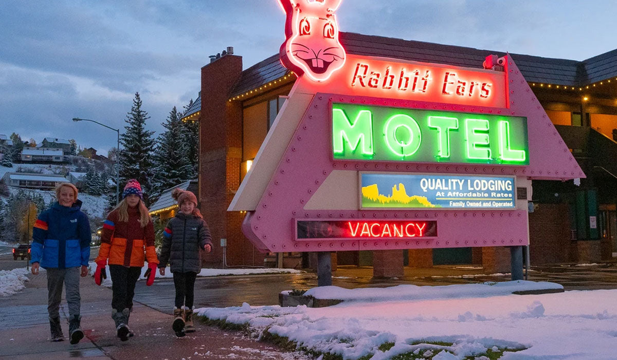 Kids walking down main street Rabbit Ears Motel