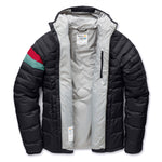 A black hooded puffer jacket with a light gray interior lining and a distinctive red and green stripe detail on the left sleeve, shown against a plain white background.