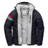 A black hooded puffer jacket with a light gray interior lining and a distinctive red and green stripe detail on the left sleeve, shown against a plain white background.