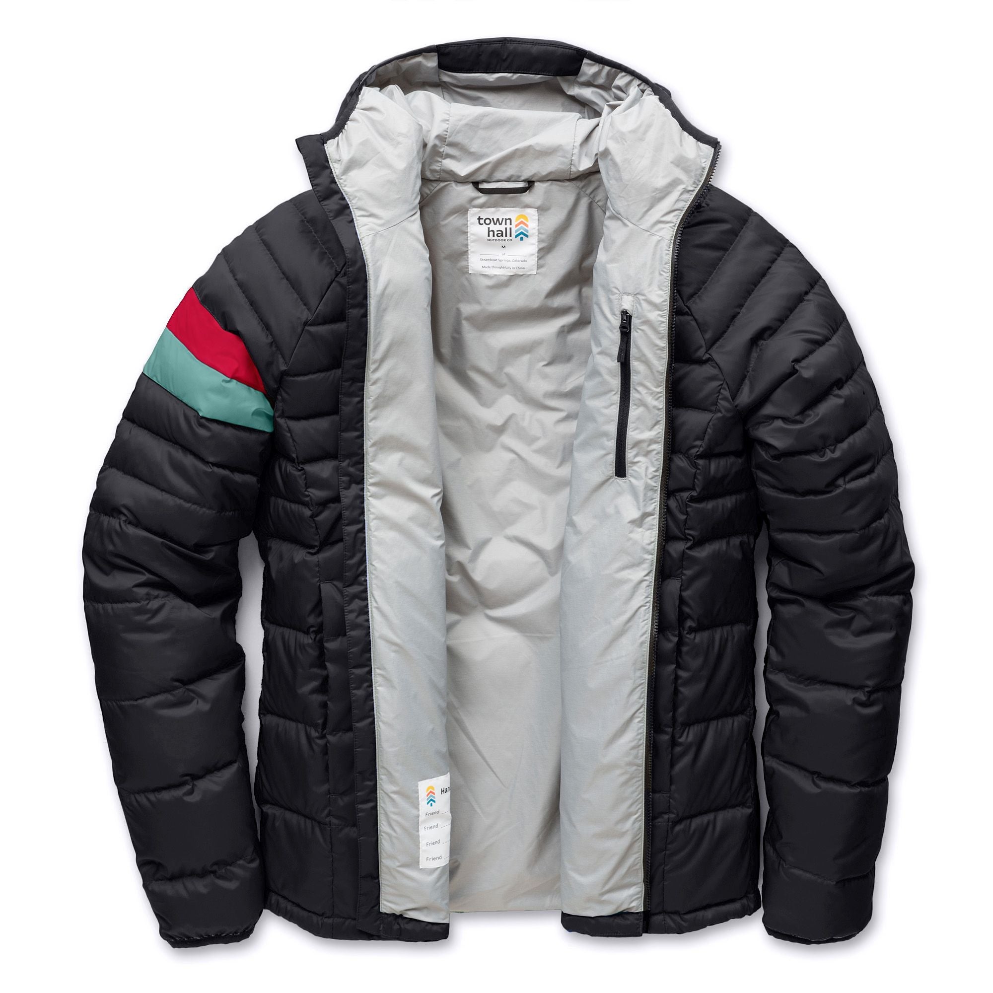 A black hooded puffer jacket with a light gray interior lining and a distinctive red and green stripe detail on the left sleeve, shown against a plain white background.