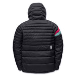 A black hooded puffer jacket shown from the back, featuring horizontal quilting, a small white chevron logo on the lower back, and a colorful stripe detail on the left sleeve in pink and teal.