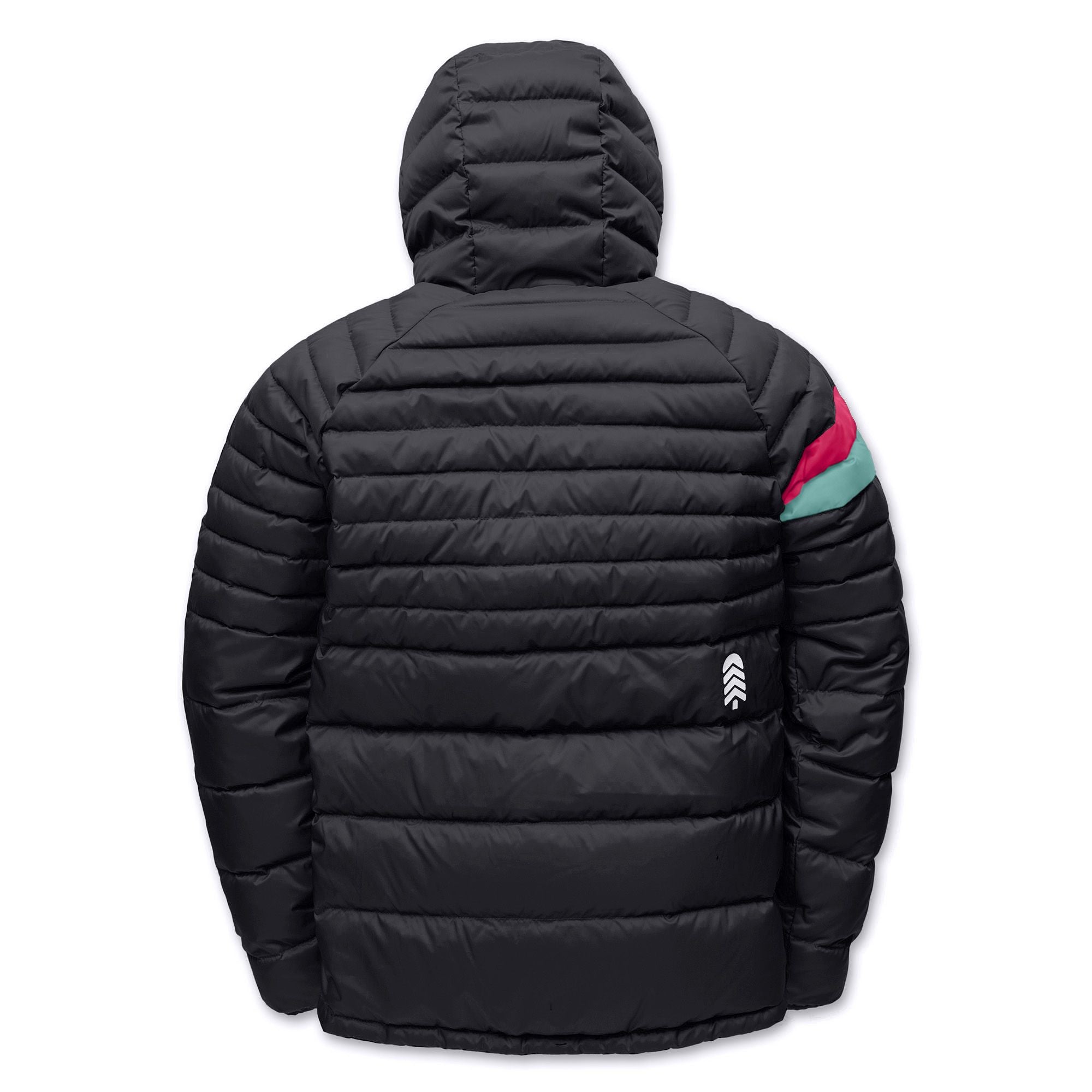 A black hooded puffer jacket shown from the back, featuring horizontal quilting, a small white chevron logo on the lower back, and a colorful stripe detail on the left sleeve in pink and teal.