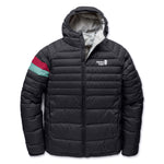 A black hooded puffer jacket with horizontal quilting, featuring a white Town & Hall logo on the left chest and a sleeve stripe in red and teal, shown against a plain white background.
