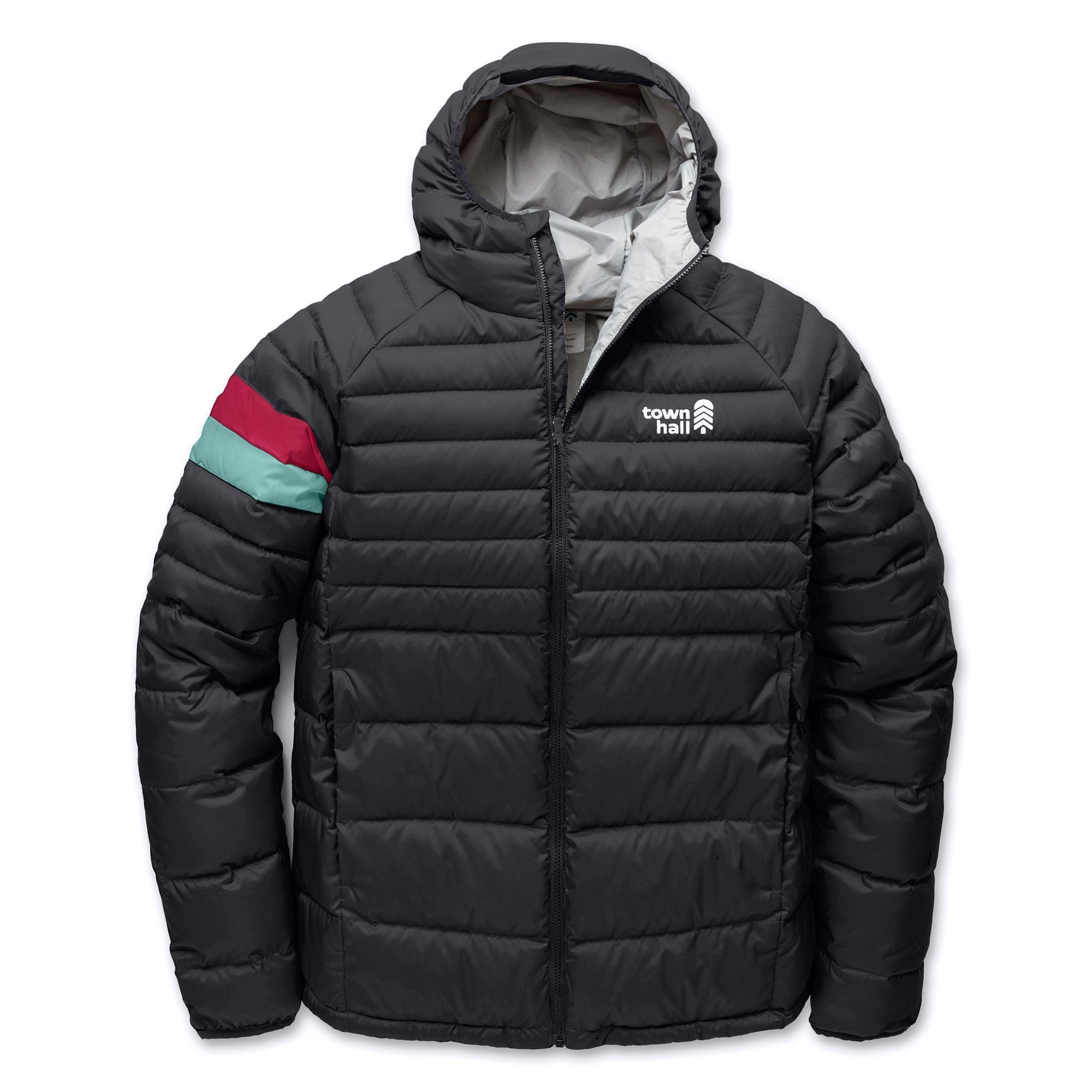 A black hooded puffer jacket with horizontal quilting, featuring a white Town & Hall logo on the left chest and a sleeve stripe in red and teal, shown against a plain white background.