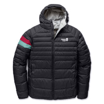 A black hooded puffer jacket with horizontal quilting, featuring a white Town & Hall logo on the left chest and a sleeve stripe in red and teal, shown against a plain white background.