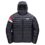 Town Hall Adult Down Town Puffy black hooded down jacket, front view with red and mint sleeve stripes.