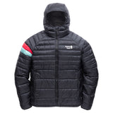 Town Hall Adult Down Town Puffy black hooded down jacket, front view with red and mint sleeve stripes.
