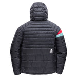 Town Hall Adult Down Town Puffy black hooded down jacket, back view with red and mint sleeve stripes.