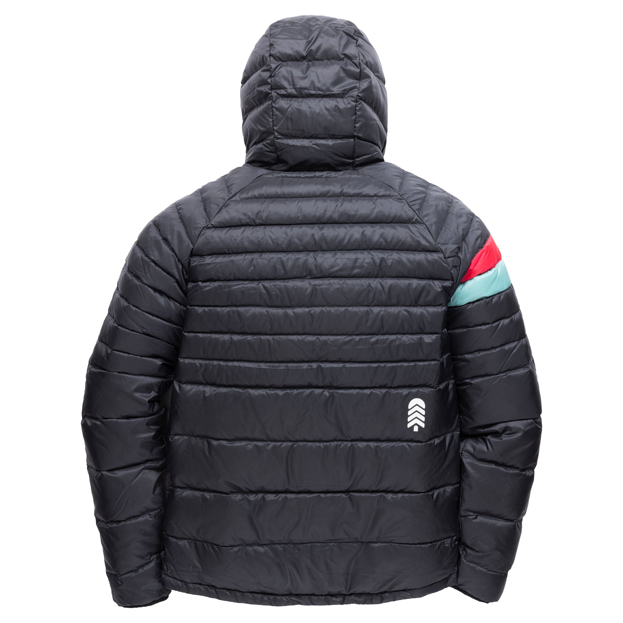 Town Hall Adult Down Town Puffy black hooded down jacket, back view with red and mint sleeve stripes.