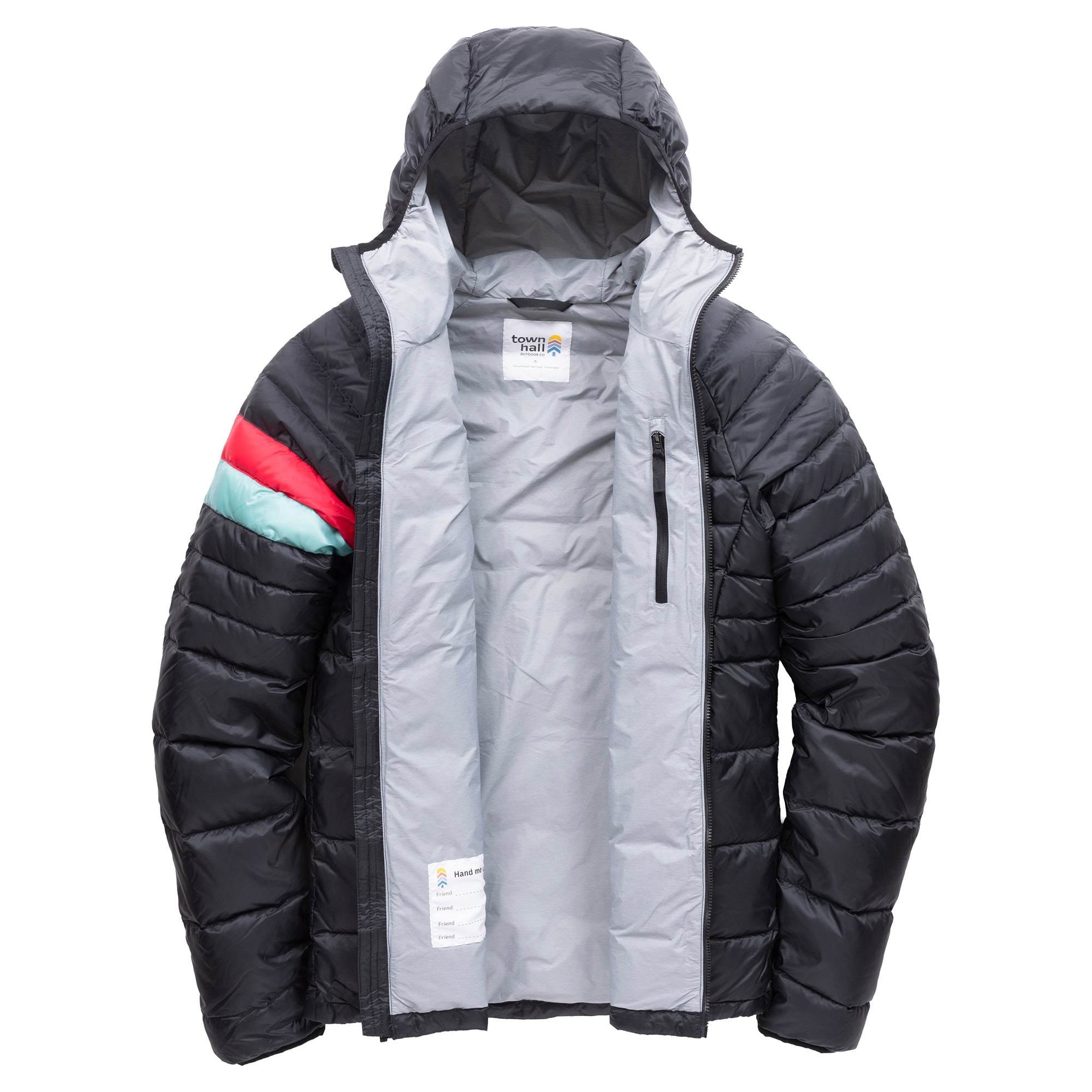 Town Hall Adult Down Town Puffy black down jacket unzipped, showing gray lining and an interior zippered pocket.