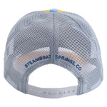 Back view of Town Hall Trucker Hat with gray mesh, adjustable snapback and Steamboat Springs, CO embroidery.