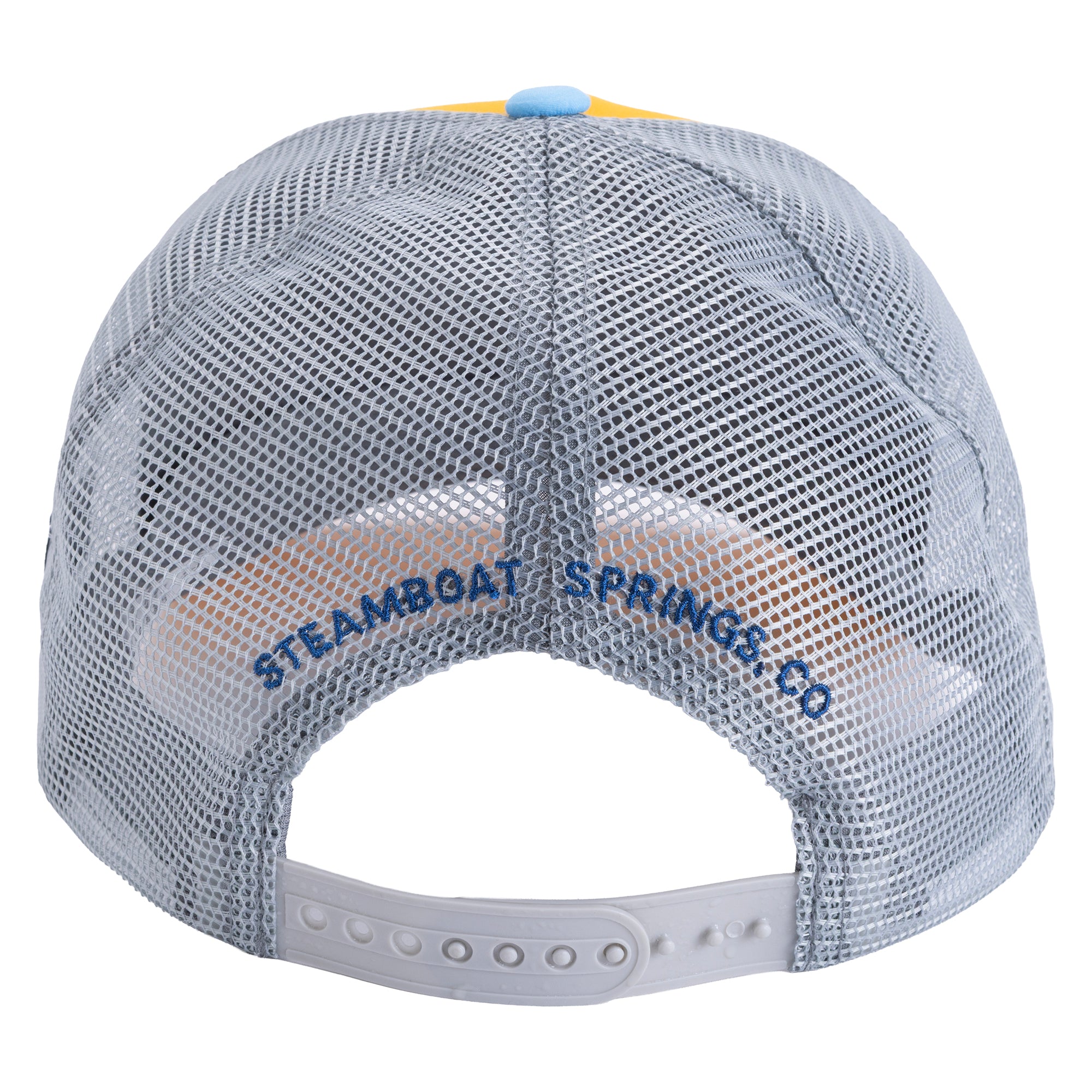 Back view of Town Hall Trucker Hat with gray mesh, adjustable snapback and Steamboat Springs, CO embroidery.