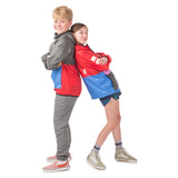 Friends showcasing the About Town Anorak in Dark Shadow and Goji Berry colors, demonstrating versatile weather protection for all kids' outdoor adventures.