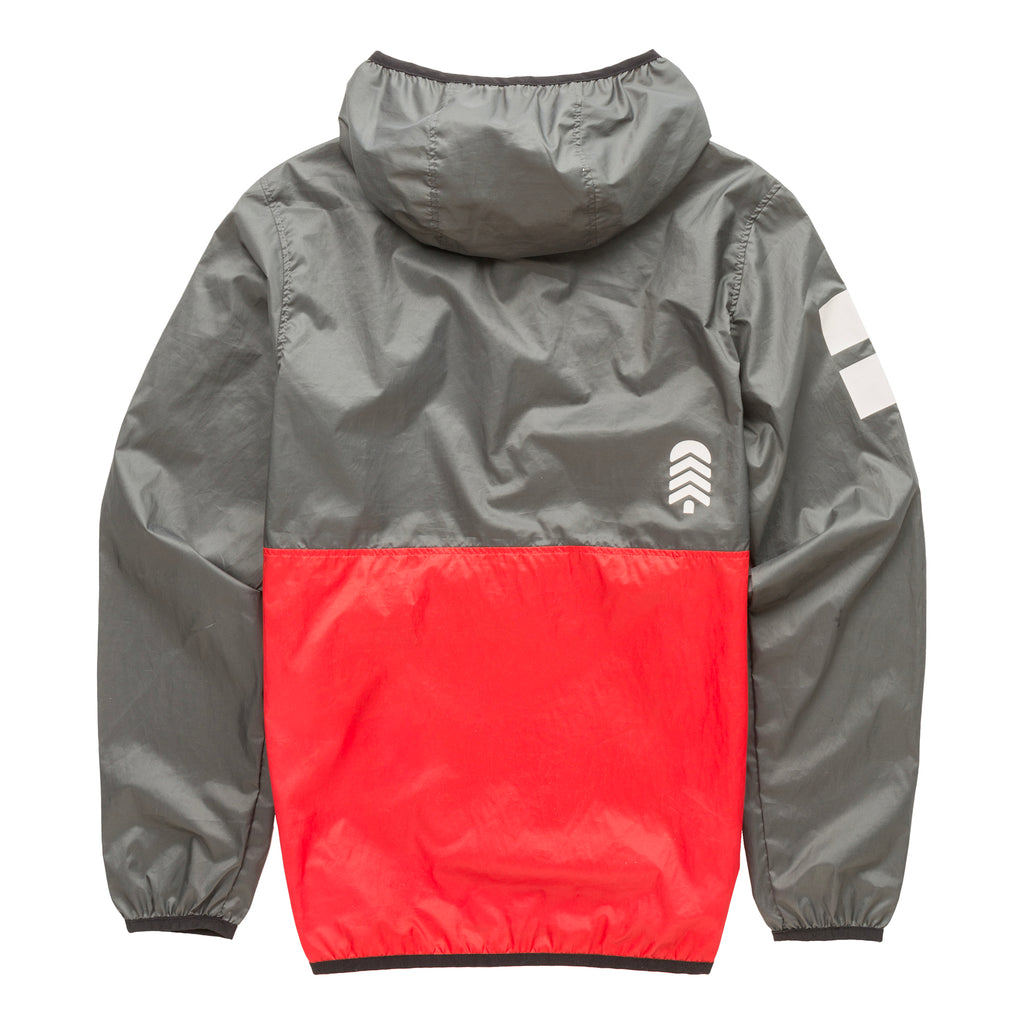 Detail view of the award-winning Dark Shadow About Town Anorak showing the reflective safety elements, durable construction, and packable design for year-round outdoor play.