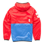 Back view of the award-winning About Town Anorak in vibrant Goji Berry color, featuring the Town Hall logo, reflective safety details, and elastic binding at hood and hem for weather protection during all outdoor adventures.