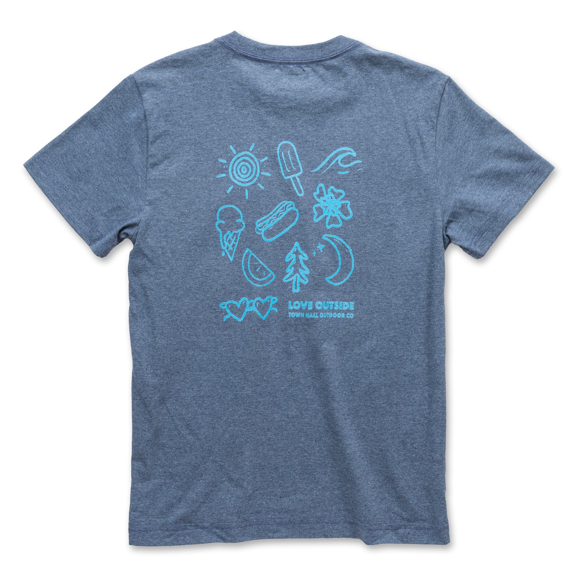 Back view of our cobalt Kids Summertime Tee showcasing the playful nature-inspired design, perfect for warm weather adventures and outdoor memories.