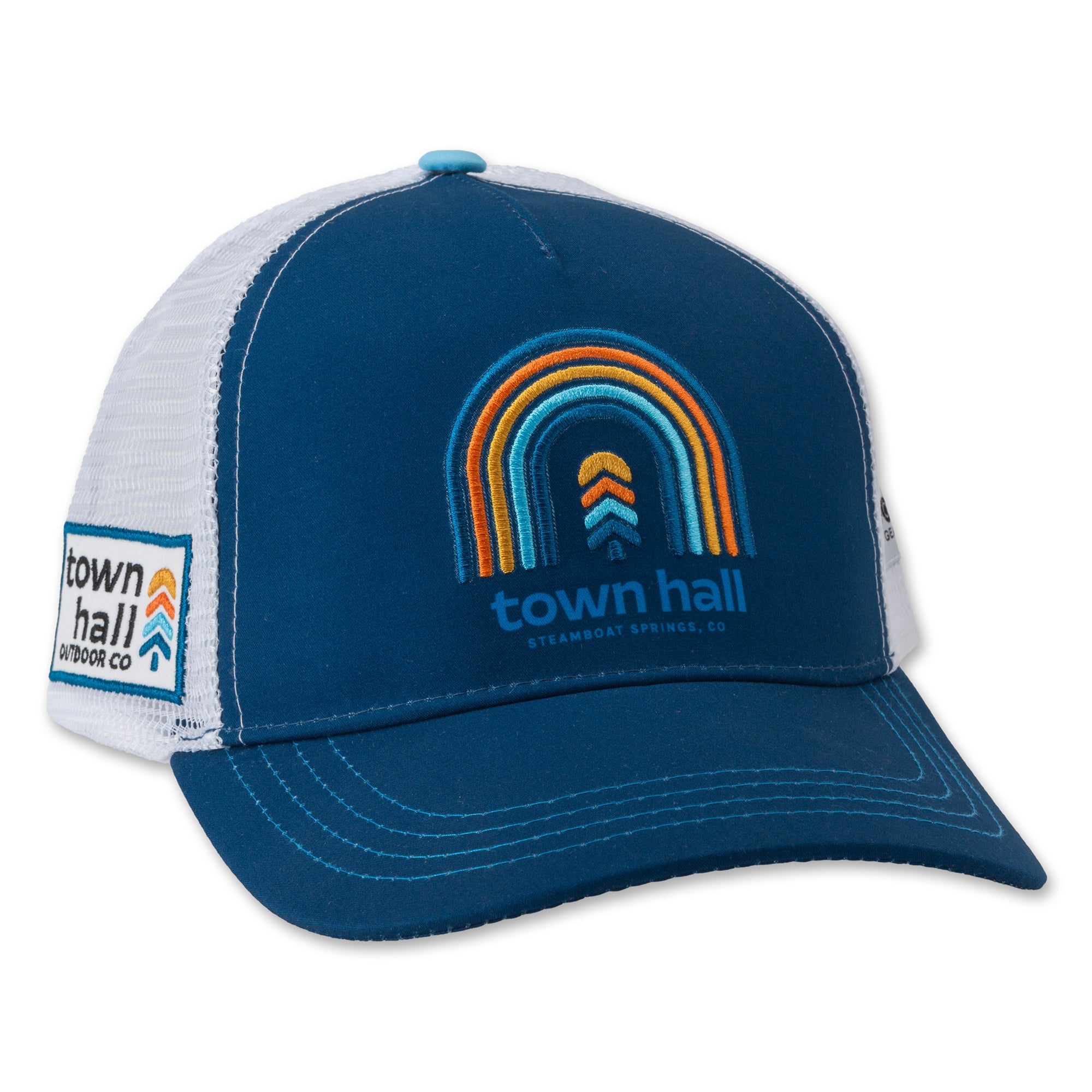 Rainbow logo on a navy trucker hat on a white background.