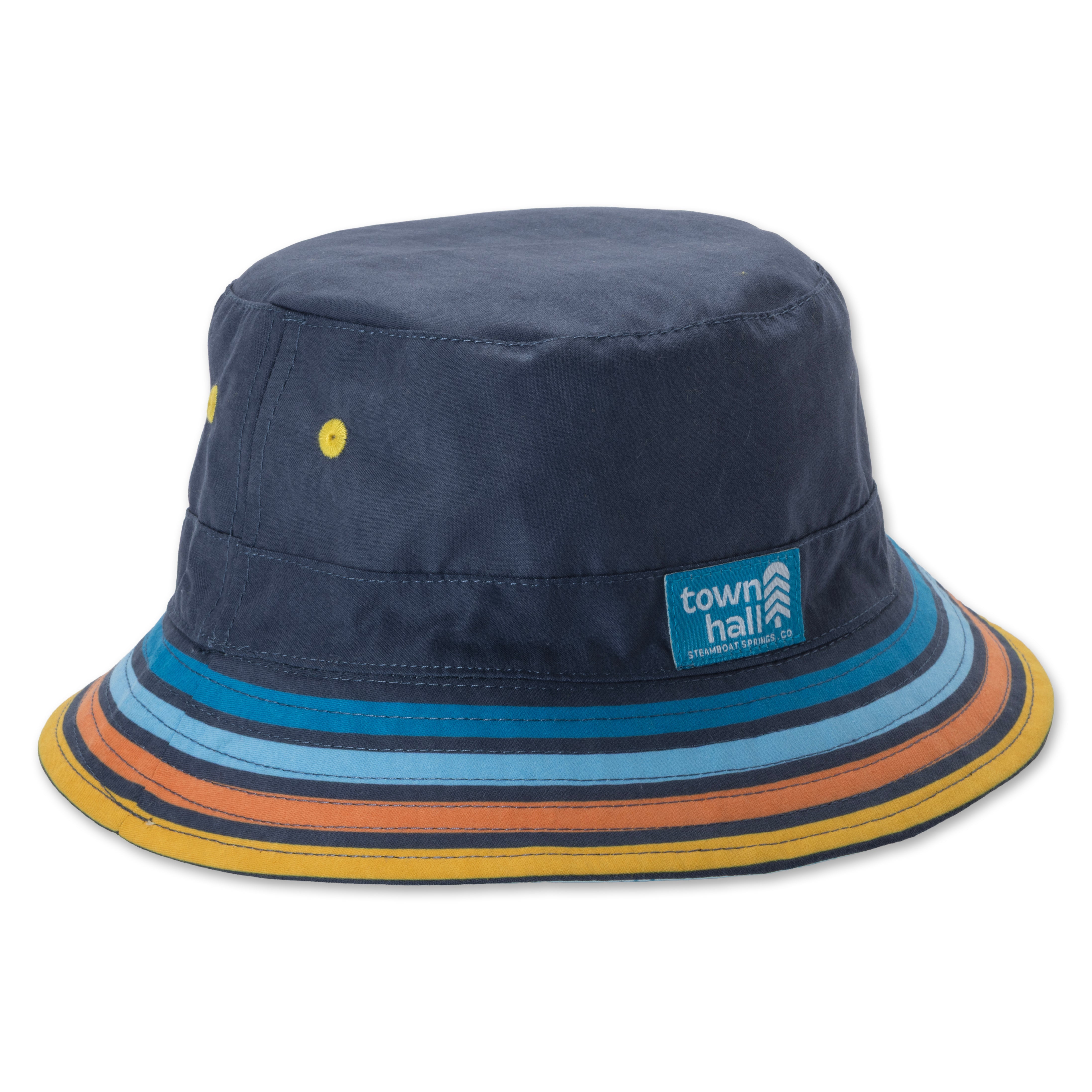 Navy bucket hat with colorful rim and Town & Country Council logo on a white background