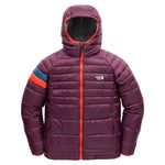 Town Hall Down Town Puffy kids hooded puffer jacket in Grape Jam purple, front view with teal and orange sleeve stripes.