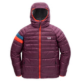 Town Hall Down Town Puffy kids hooded puffer jacket in Grape Jam purple, front view with teal and orange sleeve stripes.
