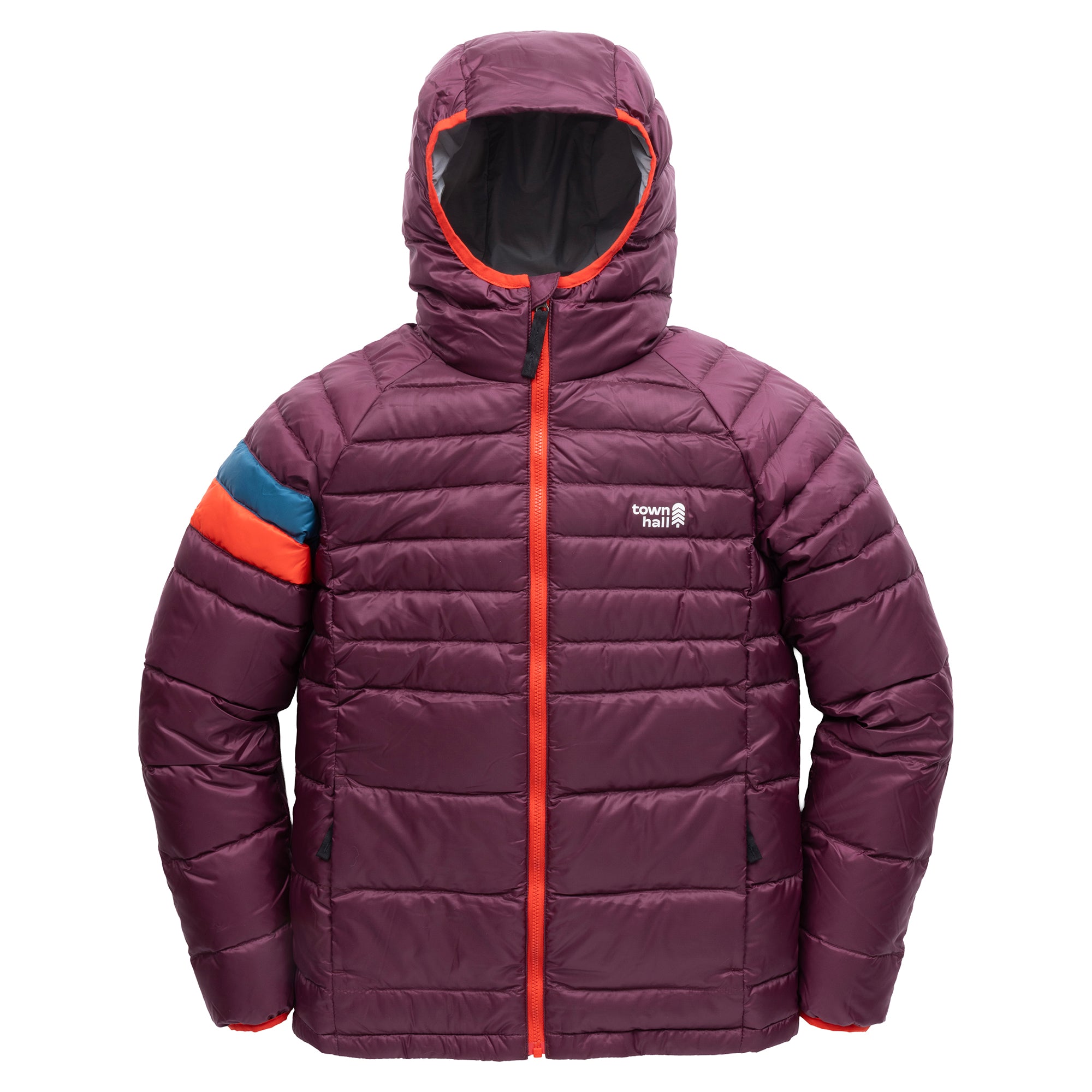 Town Hall Down Town Puffy kids hooded puffer jacket in Grape Jam purple, front view with teal and orange sleeve stripes.