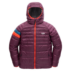 Town Hall Down Town Puffy kids hooded puffer jacket in Grape Jam purple, front view with teal and orange sleeve stripes.