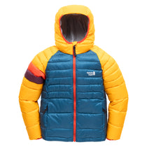 Town Hall Down Town Puffy kids hooded puffer jacket in yellow and teal, front view with orange zipper.