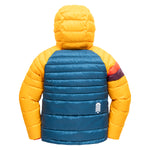 Town Hall Down Town Puffy kids puffer jacket in yellow and teal, back view with quilted hood and white tree logo.
