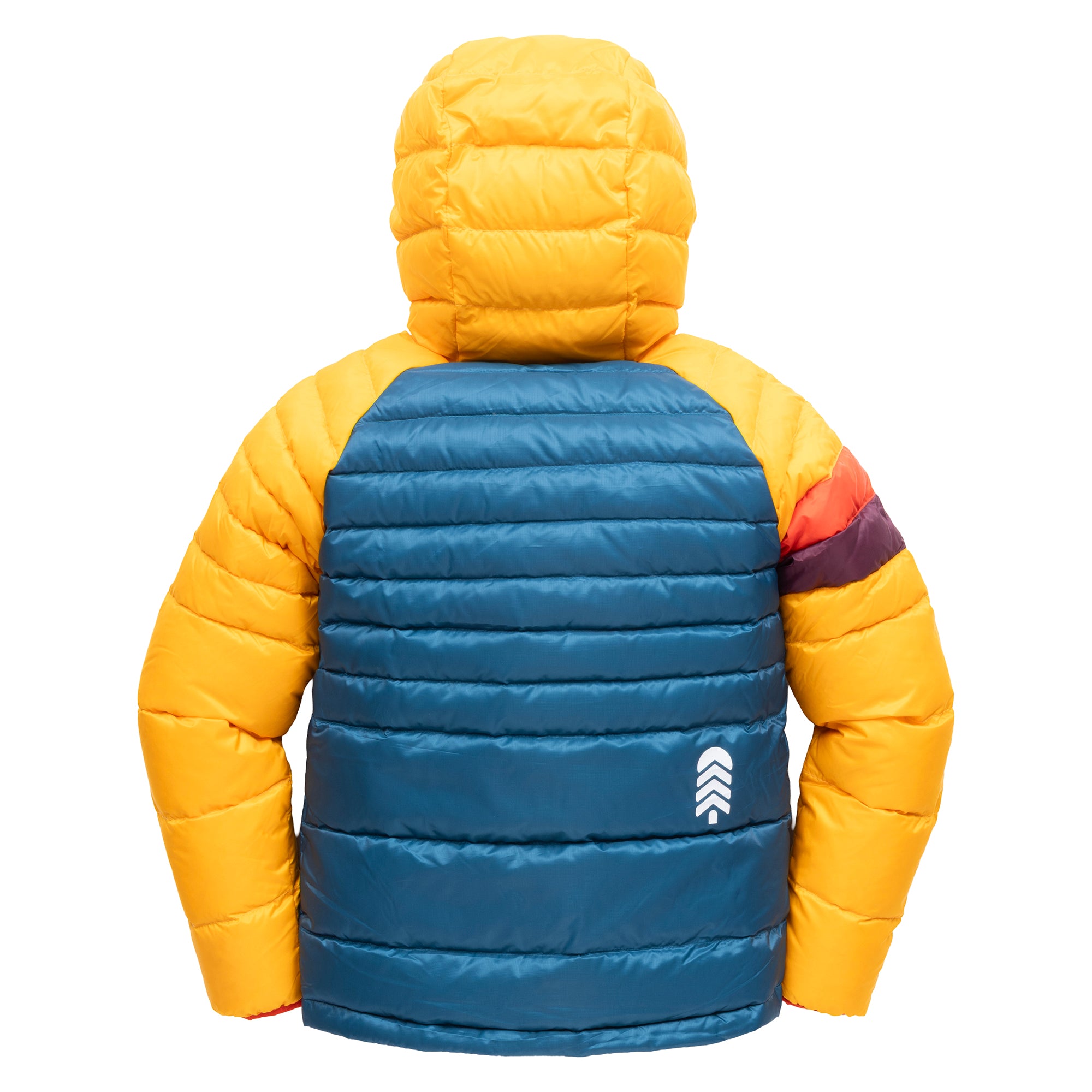 Town Hall Down Town Puffy kids puffer jacket in yellow and teal, back view with quilted hood and white tree logo.