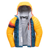 Yellow and teal Town Hall Down Town Puffy kids jacket unzipped, showing gray lining and an interior zippered pocket.