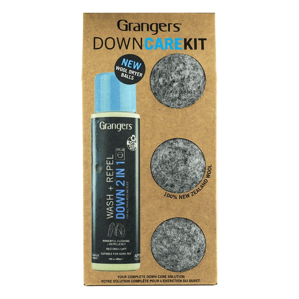 Grangers Down Care Kit packaging with a can of wash and repel on a cardboard background