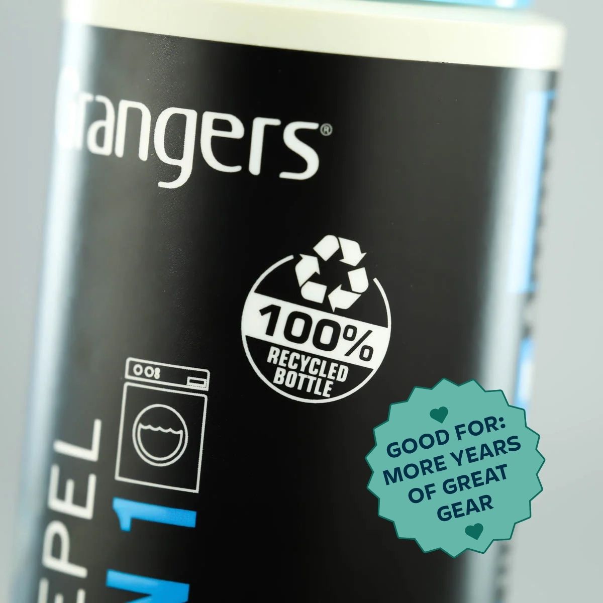 Grangers bottle with recycling and durability details on a blurred background