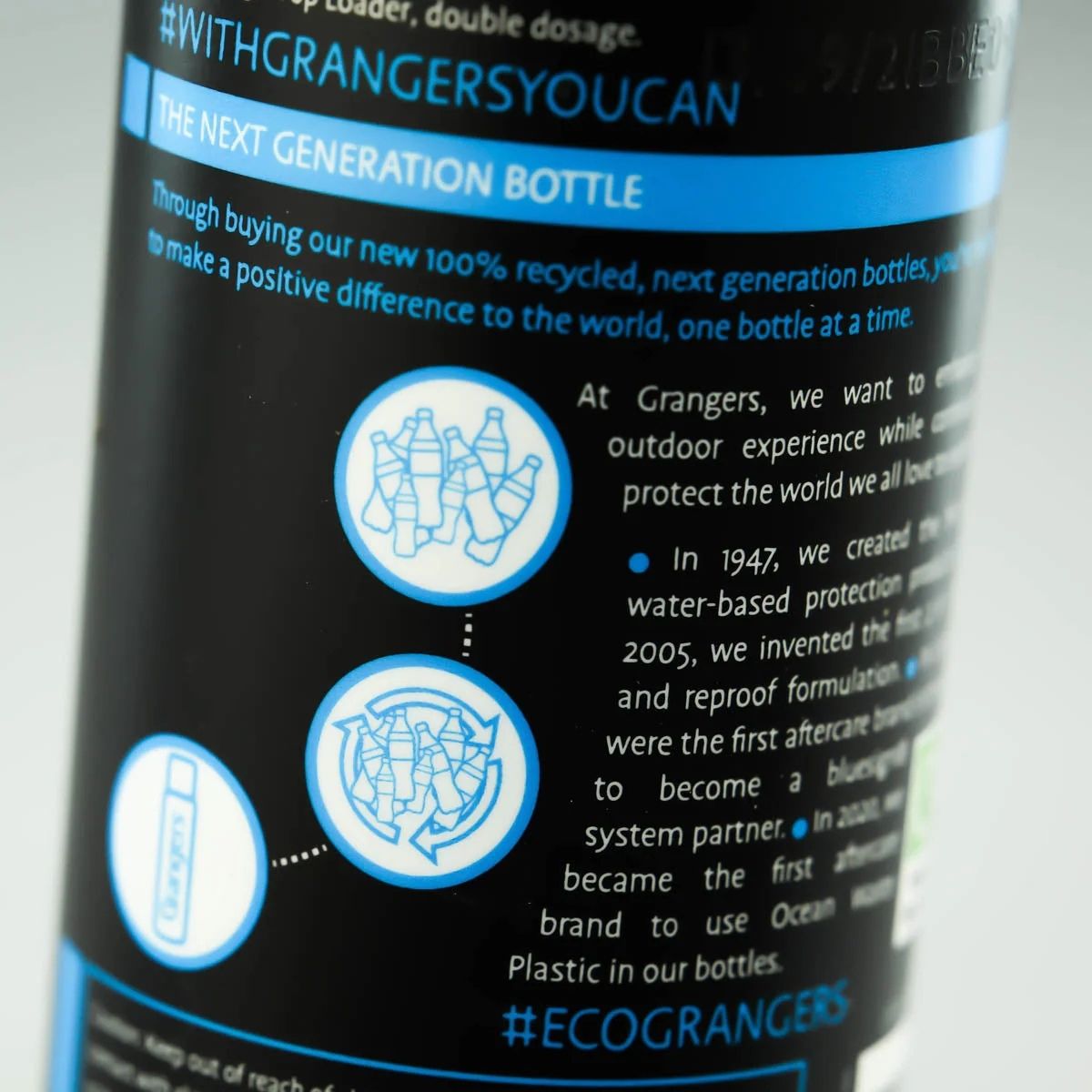 Back label of a Grangers bottle with text and icons about sustainability.