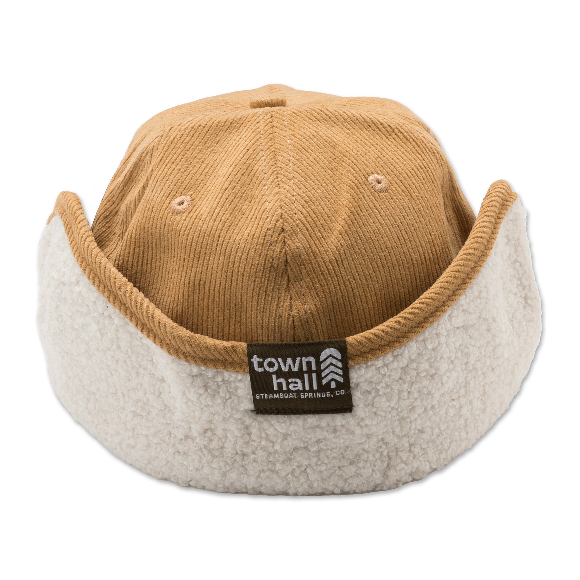 Back view of the Haller Ear Flap Hat with flaps up, showcasing the full recycled polyester knit texture and classic winter hat design for outdoor enthusiasts.