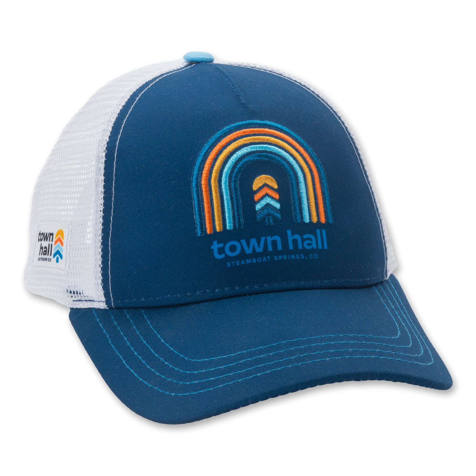 Town Hall Kids Trucker Hat featuring colorful rainbow design over logo, made with recycled polyester and a sweat-wicking band for comfortable all-day adventures.