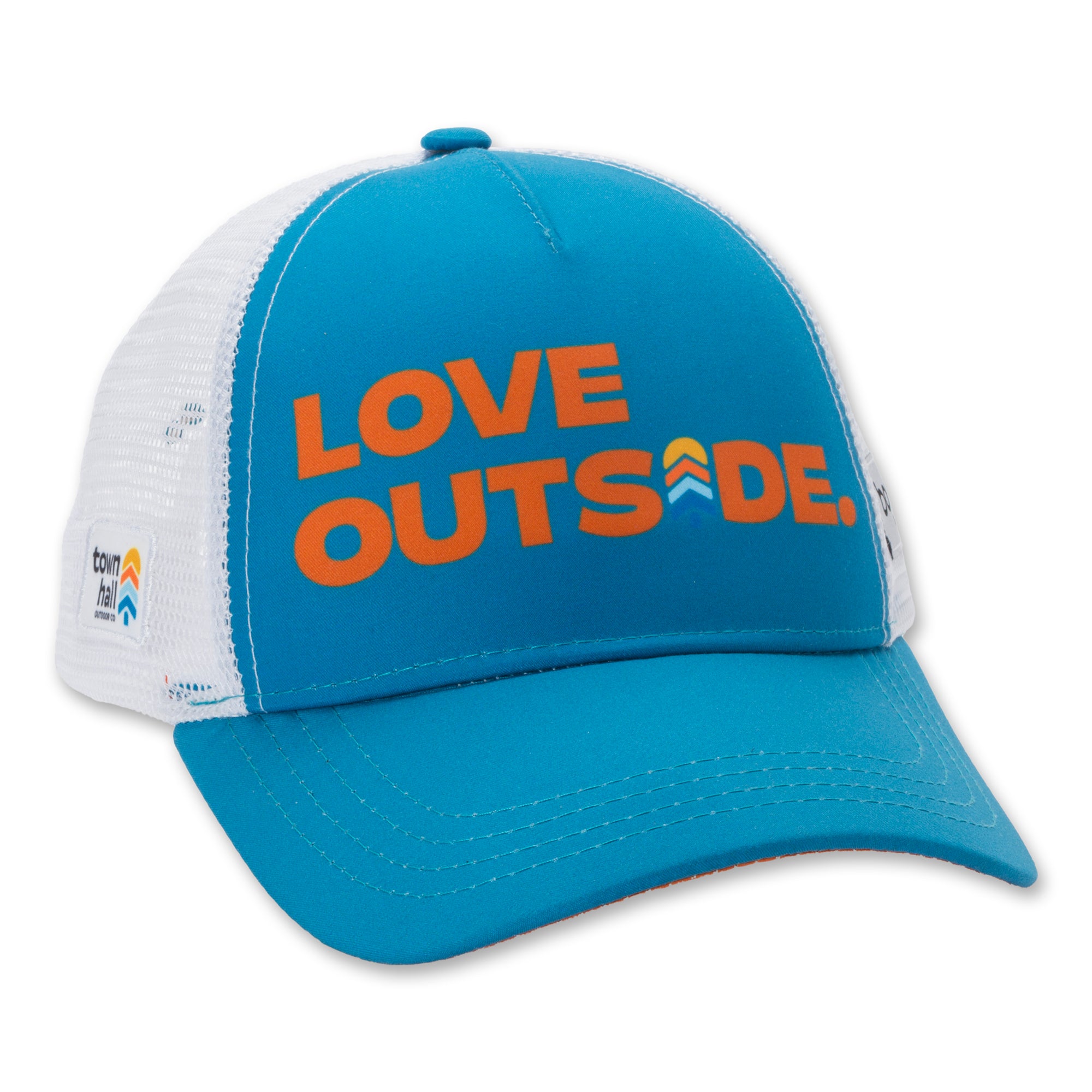 Front view of Town Hall's blue and orange Kids Trucker Hat with structured panels, made from sustainable recycled materials for sun protection during outdoor play.