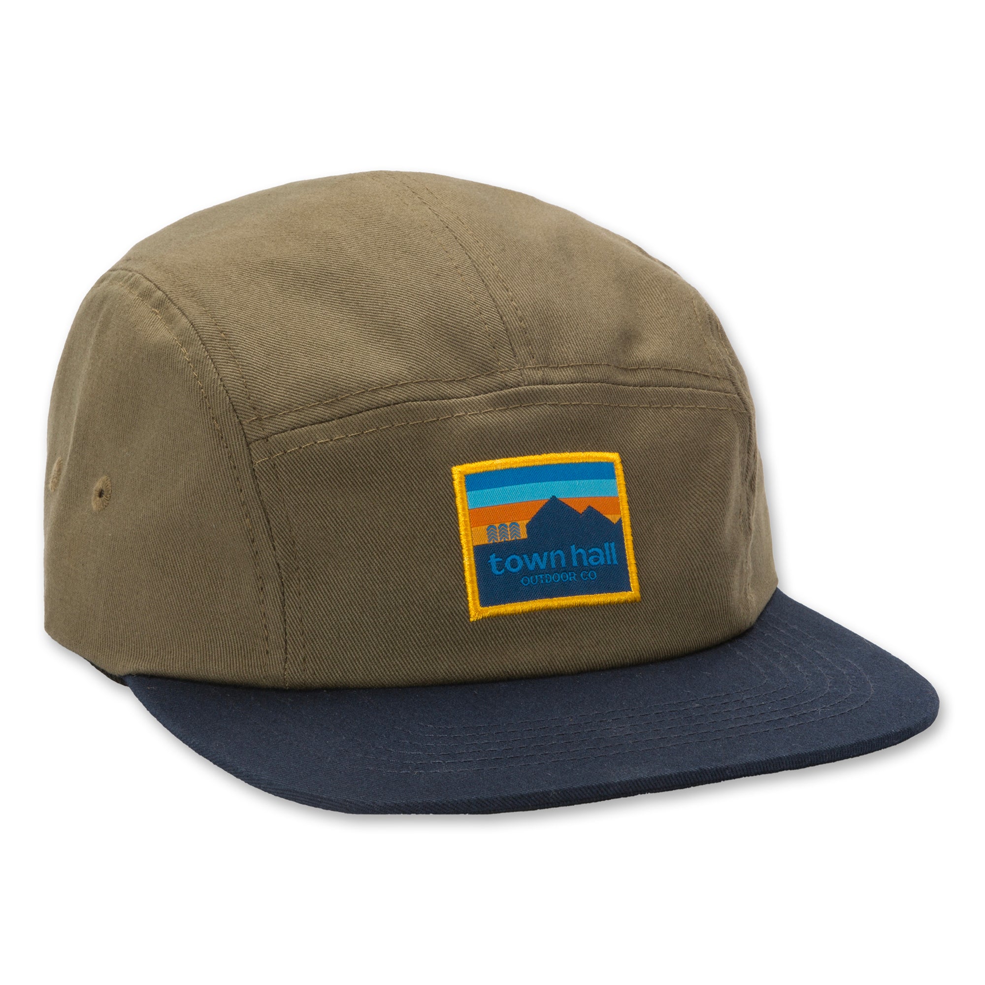 Three Trees Five Panel Hat front view showcasing the flat bill design, unstructured panels, and brand logo - packable headwear perfect for hiking trails and town adventures.