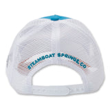 Back view of blue and orange Kids Trucker Hat showing the 'Steamboat Springs' detail and adjustable mesh panels that keep kids cool during active adventures.