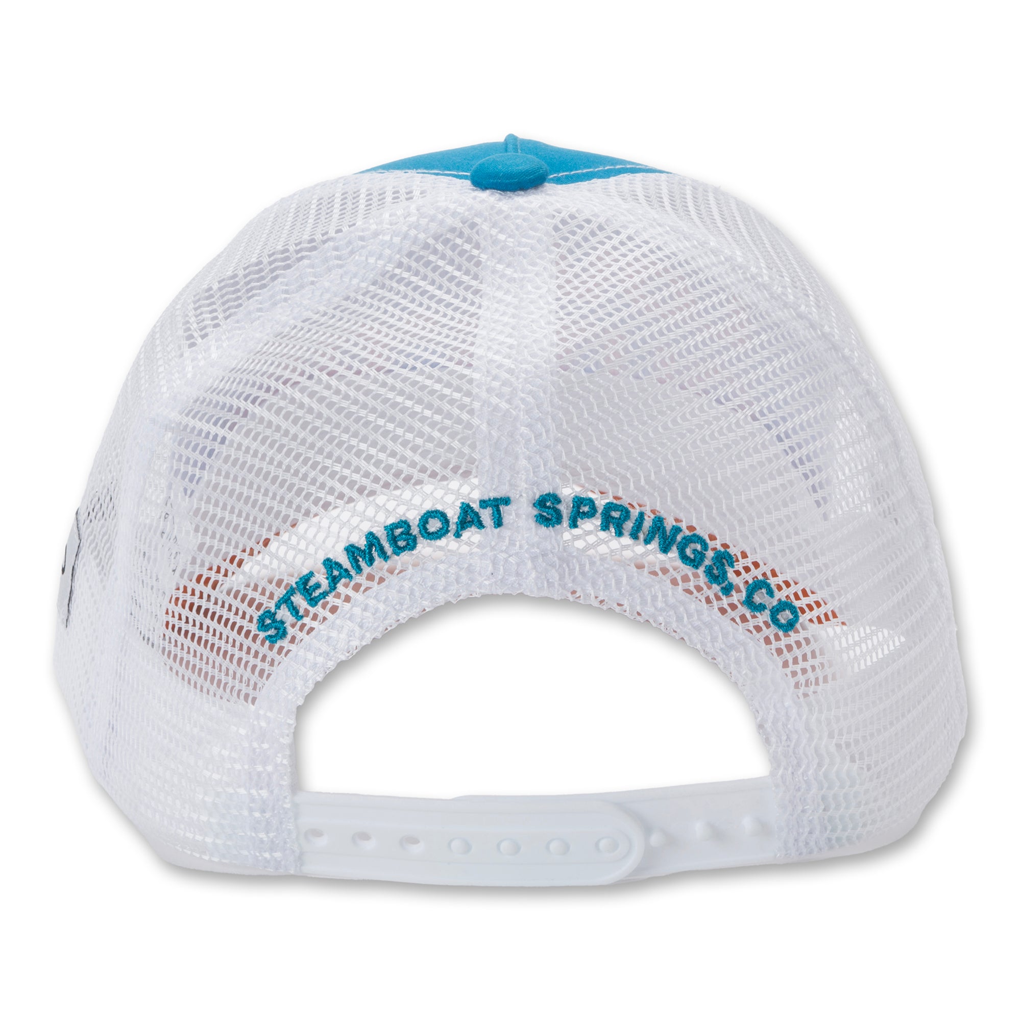 Back view of blue and orange Kids Trucker Hat showing the 'Steamboat Springs' detail and adjustable mesh panels that keep kids cool during active adventures.