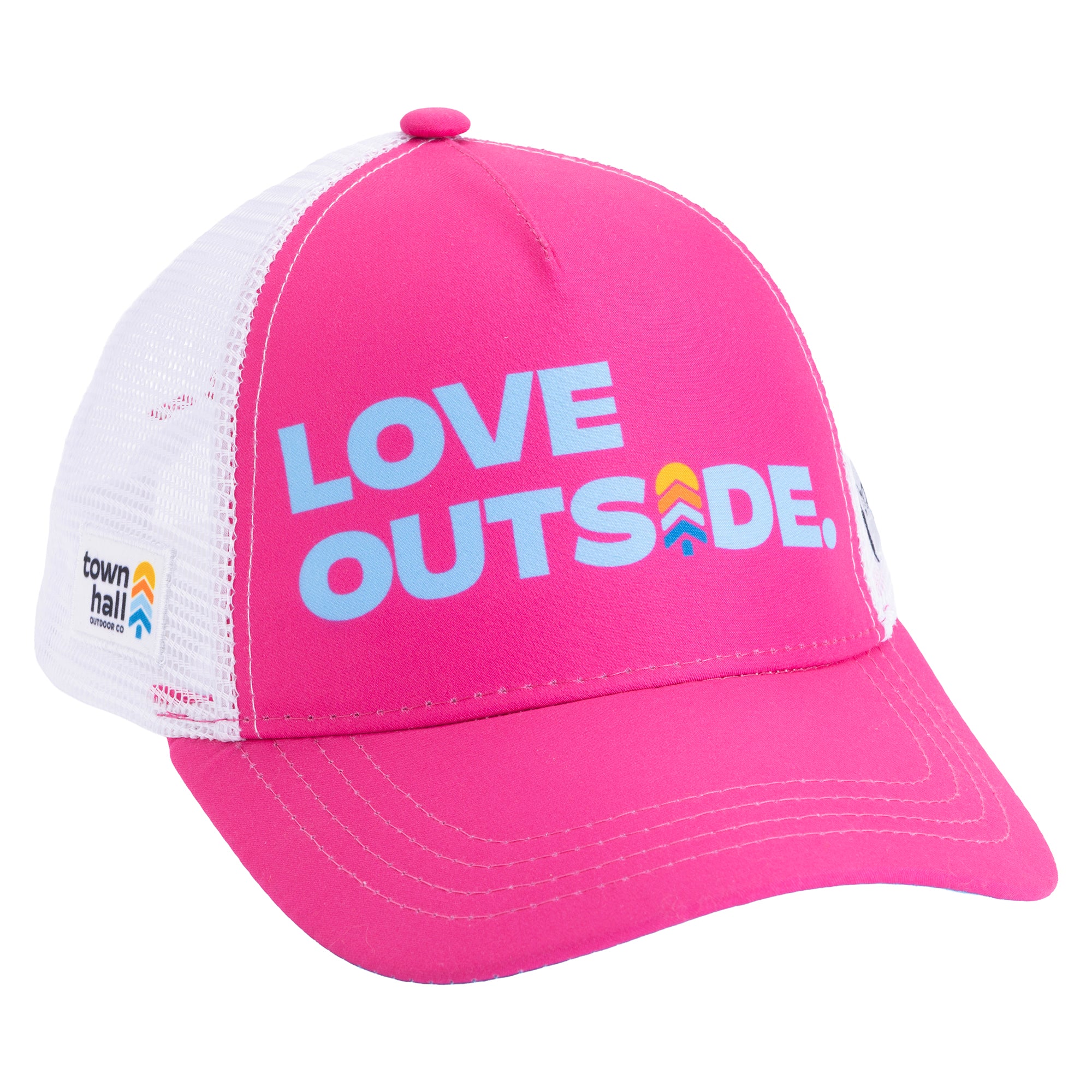 Pink Kids Trucker Hat with blue Love Outside lettering, curved brim, white mesh panels and Town Hall side logo.