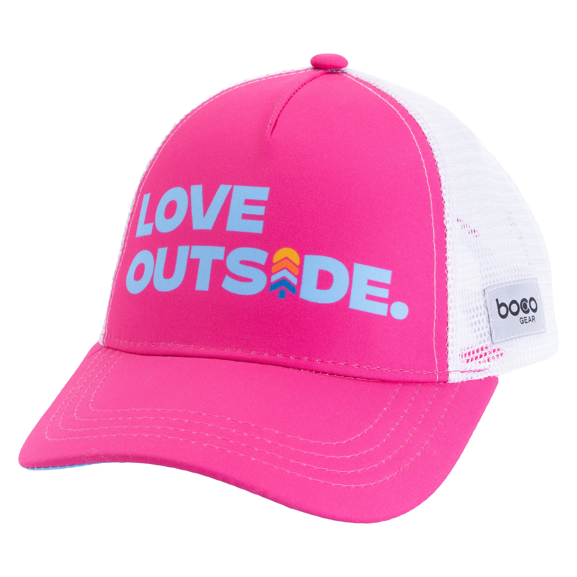 Angled view of pink Kids Trucker Hat with blue Love Outside lettering, white mesh and BOCO Gear side label.