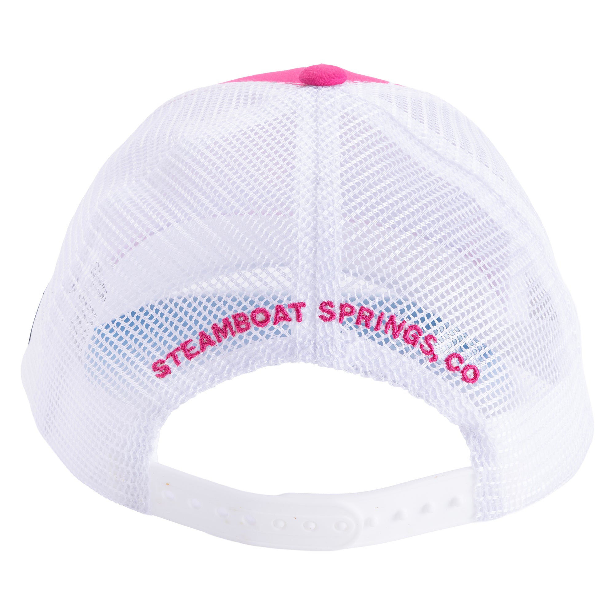 Back view of pink Kids Trucker Hat with white mesh, adjustable snapback and Steamboat Springs, CO embroidery.