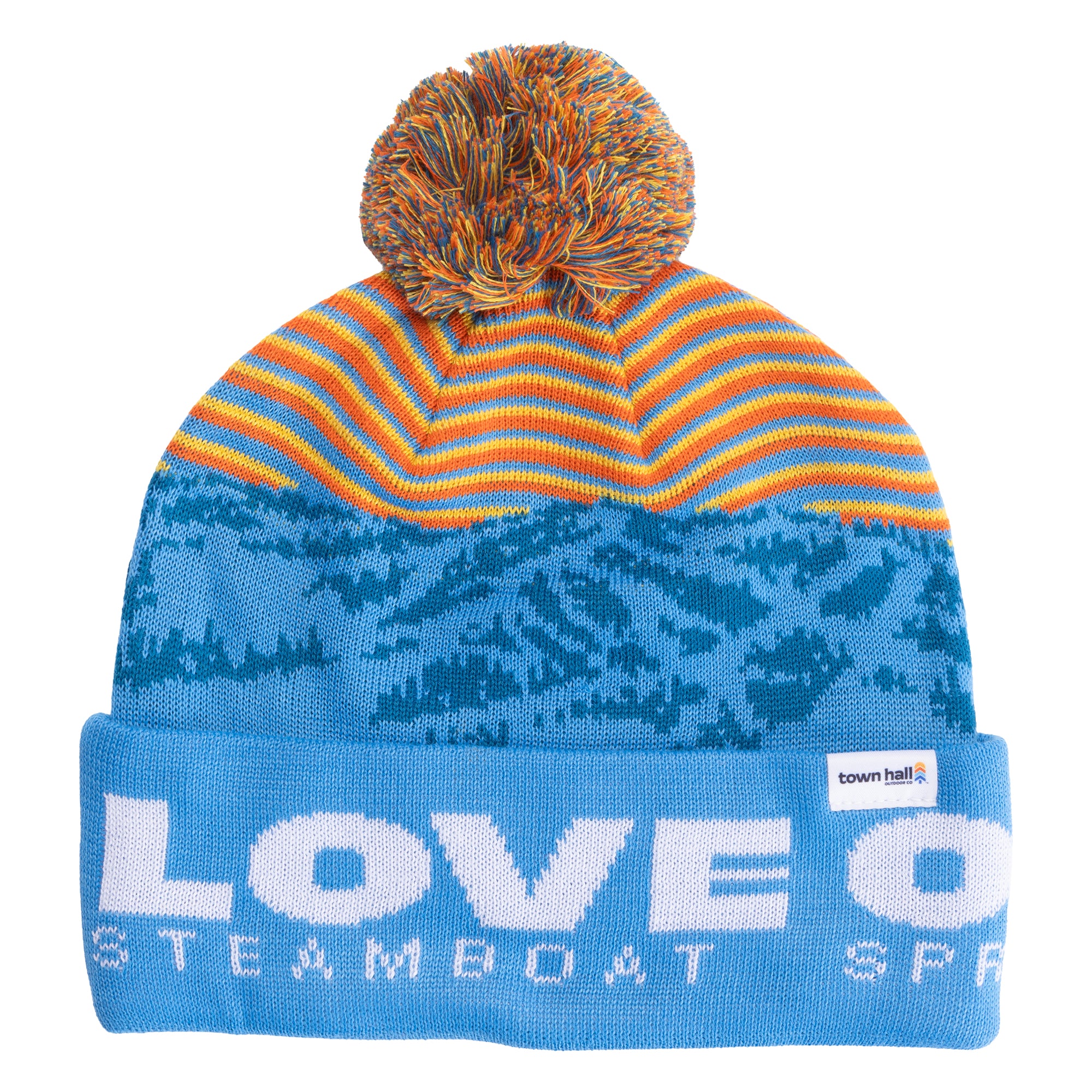 blue beanie with Love Outside embroidered on cuff and colorful pom