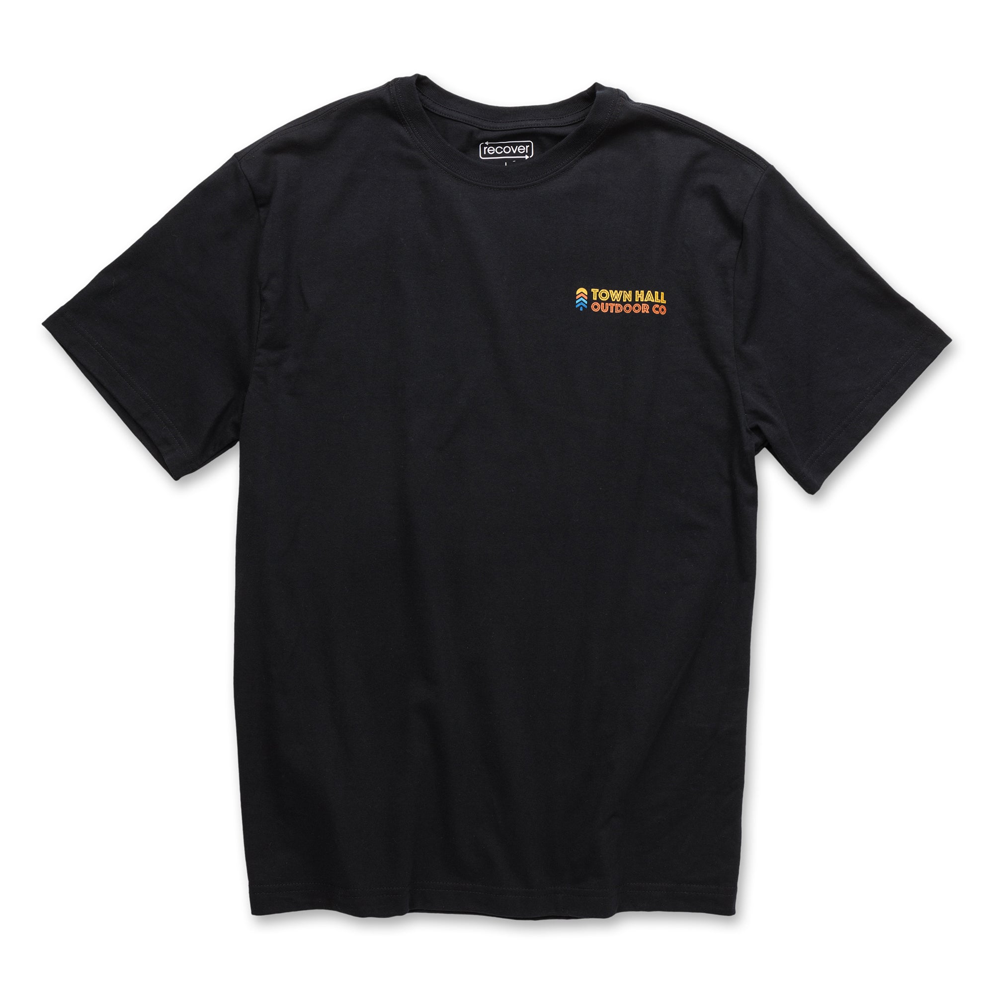 Black Adult Summertime Outside Tee featuring the Town Hall logo, perfect for warm weather adventures from trail runs to campfire gatherings.