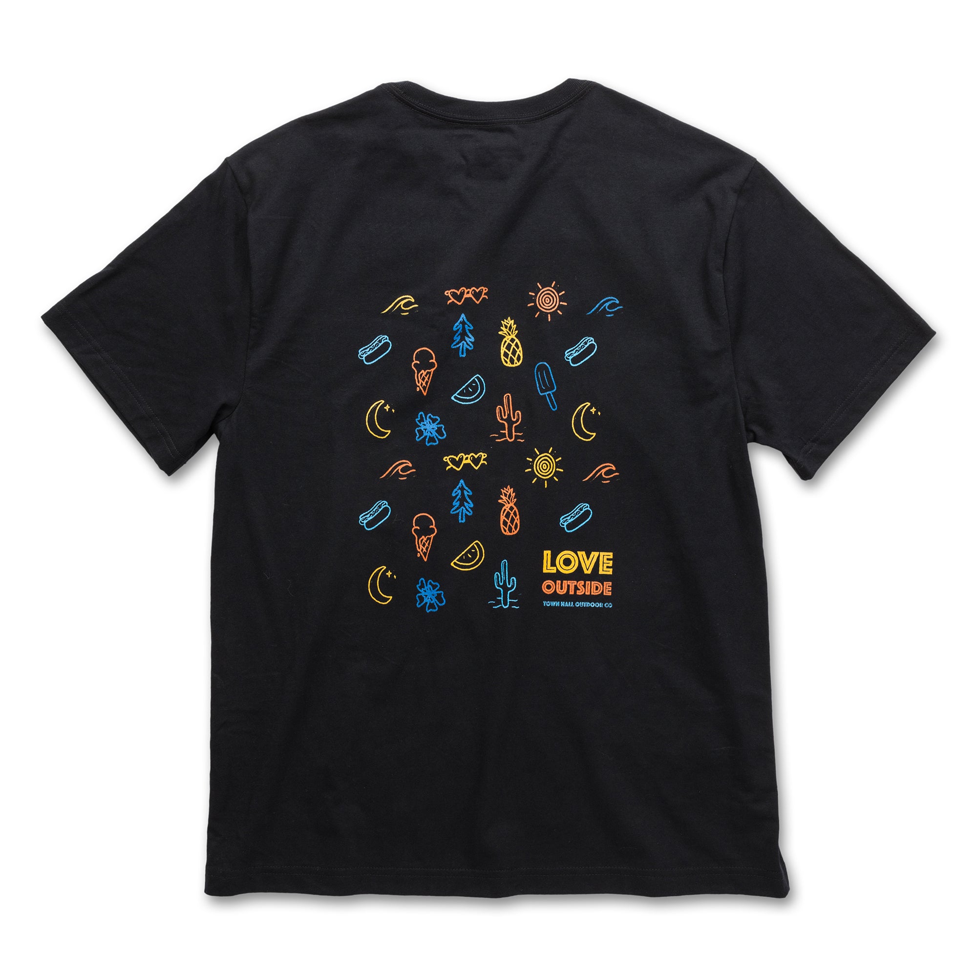 Back view of our black Adult Summertime Tee featuring a playful vacation-inspired pattern with sunshine and popsicle graphics that capture the joy of outdoor summer adventures.