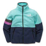 Midtown Fleece Jacket in Aqua Sky with Black Iris trim featuring Town Hall logo, showing pilling-resistant fabric, sturdy YKK zippers, and hand pockets for all-season warmth.