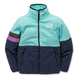 Midtown Fleece Jacket in Aqua Sky with Black Iris trim featuring Town Hall logo, showing pilling-resistant fabric, sturdy YKK zippers, and hand pockets for all-season warmth.