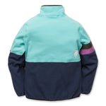 Back view of our kids fleece coat in Aqua Sky with Black Iris, highlighting the clean design and special binding on hem and cuffs that keeps the warmth in.