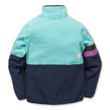 Back view of our kids fleece coat in Aqua Sky with Black Iris, highlighting the clean design and special binding on hem and cuffs that keeps the warmth in.